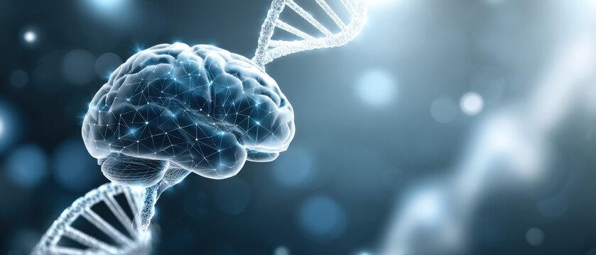 A digital brain and DNA strand symbolize the connection between genetics and neuroscience on a futuristic blue background.