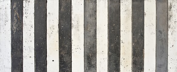 Vertical striped pavement.  Detailed view of a textured,  dark gray and white striped pedestrian crossing. The lines are consistent in width and show signs of wear and dirt