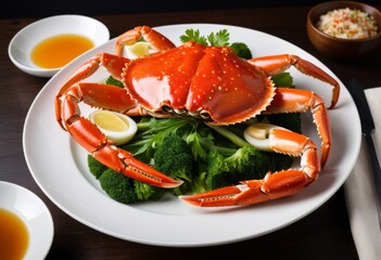 Crabs and broccoli on a plate with a fork