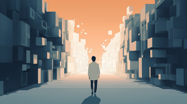 Minimalist Silhouette Walking Through Abstract Cityscape for National Simplicity Day