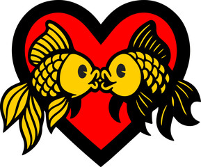Two cartoon goldfish kissing in front of a red heart on black background, bold romantic vector for love or Valentine’s themes