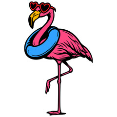 Pink flamingo with heart sunglasses and blue swim ring, fun tropical bird cartoon for summer design, colorful and playful illustration