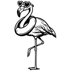 Standing flamingo with heart sunglasses and swim ring, summer holiday cartoon vector in bold black and white retro style