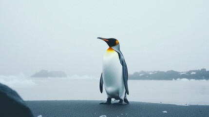 Fototapeta premium The bright chest of a king penguin stands out against the desaturated tones of a foggy, icy field