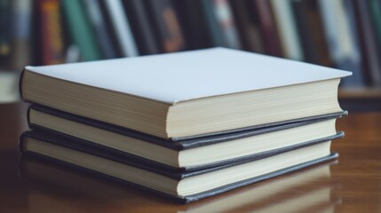 Fototapeta premium A blank book cover resting on a stack of textbooks.