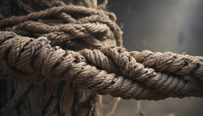 Crumbling rope, taut, showing fibers, imminent failure ,  abandoned,  strain