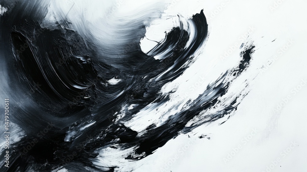 Aufkleber an abstract composition featuring dynamic black and white brush strokes, creating a sense of movemen