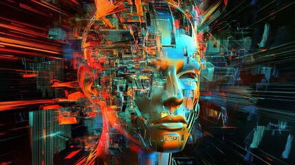 Fototapeta premium abstract, render, 3d, background, illustration, Red and Blue Neon Glitch Cyberpunk Face Portrait for Technology and Gaming