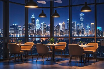 Modern Nighttime Office Caf� with City Skyline for Executive Meetings