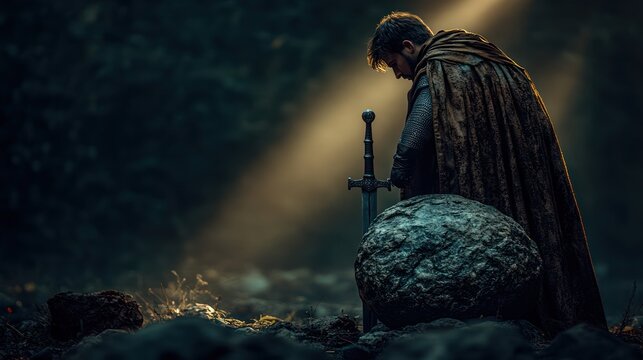 Pensive warrior kneeling beside sword and boulder in mystical forest.  Sunlight streams from above, illuminating the scene