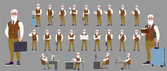 Man Character design. Front, side, back view and explainer animation poses. Character set with lip sync and facial expressions of Happy, angry, sad, Joy with Side walk cycle animation sequence sprite 
