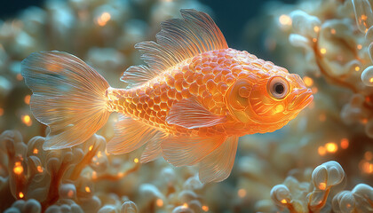 Close-Up of an Orange Fish Sculpture Swimming Through a Sea of Glowing Coral – Microphotography with Underwater Detail