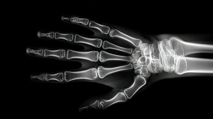 Naklejka premium Close-up of a diagnostic X-ray image showing the skeletal structure of a hand and wrist in grayscale