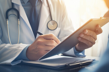 Doctor examining digital charts on a tablet while standing in a hospital corridor.
