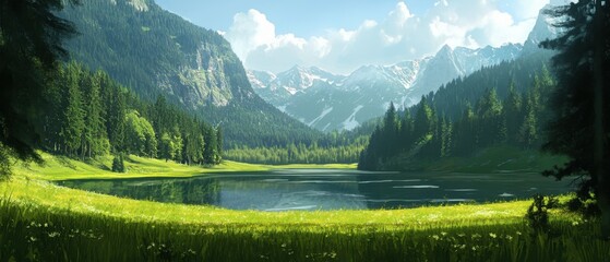 This outdoor travel scene features green grass and a mountain lake set against a forest backdrop. Additionally, there is a river with clear water and a stunning valley.