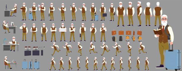 Man Character design. Front, side, back view and explainer animation poses. Character set with lip sync and facial expressions of Happy, angry, sad, Joy with Side walk cycle animation sequence sprite 