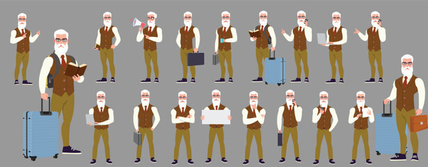 Man Character design. Front, side, back view and explainer animation poses. Character set with lip sync and facial expressions of Happy, angry, sad, Joy with Side walk cycle animation sequence sprite 
