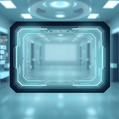 Obraz premium Futuristic empty medical room rendered in high-tech HUD style, symbolizing digital diagnostics, advanced healthcare systems, and virtual environments for remote medical technology 