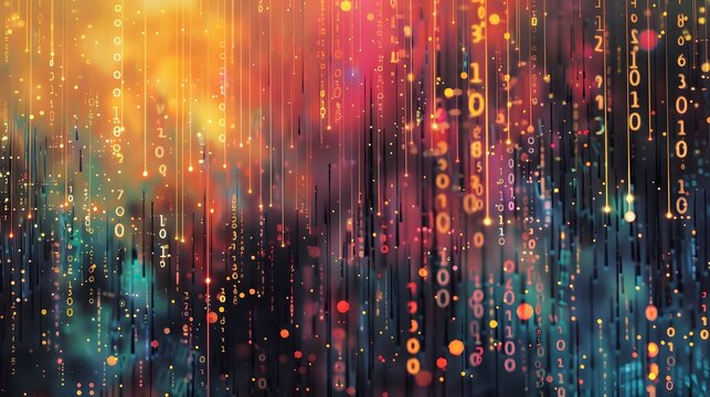 Abstract image representing big data streams of binary code and glowing particles