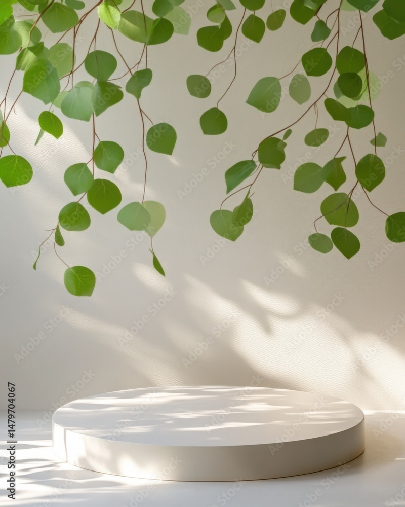 Aufkleber minimalist product display scene featuring round platform and hanging eucalyptus branches in soft na
