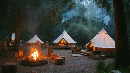 A nature retreat with glamping tents and a communal fire pit.