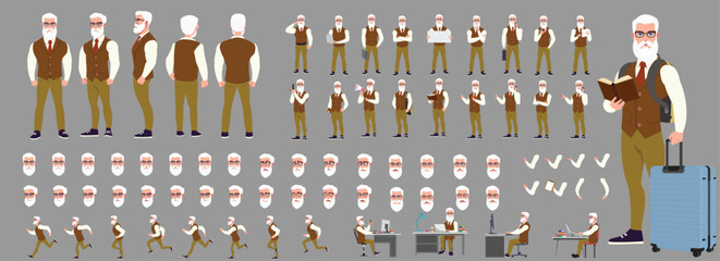 Man Character design. Front, side, back view and explainer animation poses. Character set with lip sync and facial expressions of Happy, angry, sad, Joy with Side walk cycle animation sequence sprite 