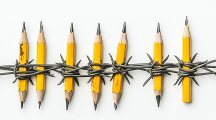 Pencils imprisoned in barbed wire on white background.Barbed pencil, prisoner pencil,press freedom day. Freedom of expression, censorship