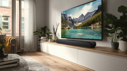 Close-up of a soundbar speaker beneath a TV screen in a modern living room setting