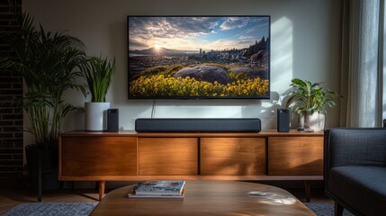 Close-up of a soundbar speaker beneath a TV screen in a modern living room setting