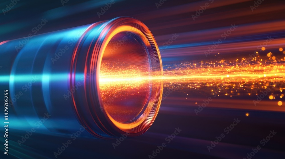 Poster a visual representation of a high-speed particle beam emerging from a cylindrical source, illustrati