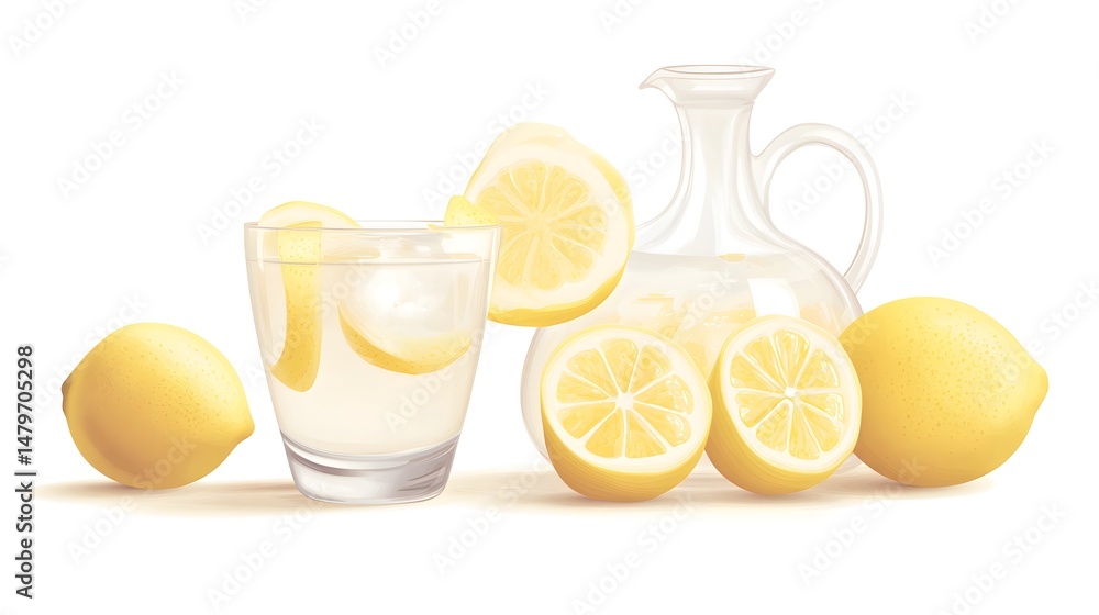 Poster a refreshing display of lemonade with lemons and ice.