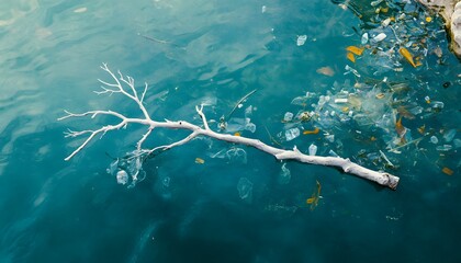Fototapeta premium Floating debris and plastic pollution in calm water.