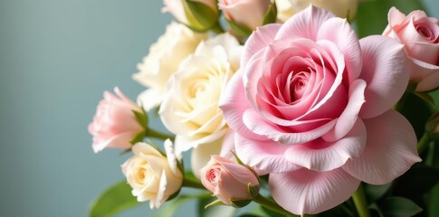 Fototapeta premium Delicate pink & white blooms in bridal bouquet Close-up view of floral arrangement , ceremony, white flowers