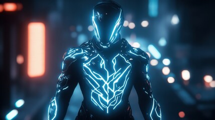 Naklejka premium A digital avatar controlled by a real-world player, glowing with dynamic armor.