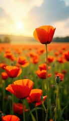 Obraz premium Sunlit poppy field, vibrant red blooms, summer day, golden hour, poppy, blossom