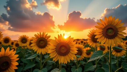Obraz premium Tall sunflowers facing setting sun, intense colors , dramatic, purple, contrast