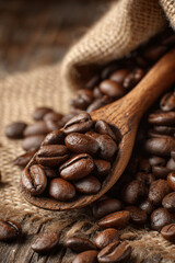 Macro View of Roasted Coffee Beans in Wooden Spoon on Jute Bag Background.
