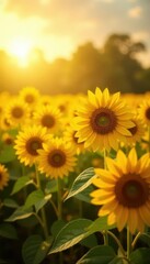 Naklejka premium Tall sunflowers bathed in warm sunlight, golden field , day, flora, tall