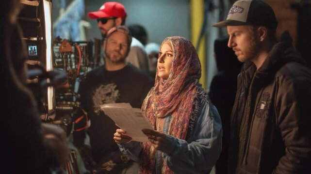 Behind the Scenes of Film Production: The crew engages in a collaborative effort, studying the script, fine-tuning the lighting, and managing the camera equipment to craft a visual story.