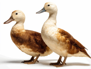 Two brown and white ducks standing side by side on white background, captured in high detail with realistic feather texture.