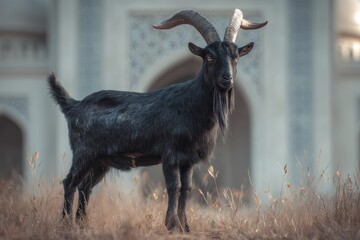 Black goat standing amidst golden grasses.