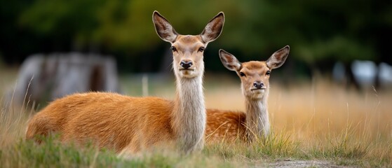 Obraz premium Curious deer pair gaze from meadow