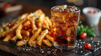 Delicious crispy french fries seasoned with herbs and spices served with a refreshing iced cola drink