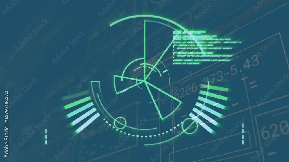Poster central circular hud interface glowing with concentric rings, radial lines and floating code blocks