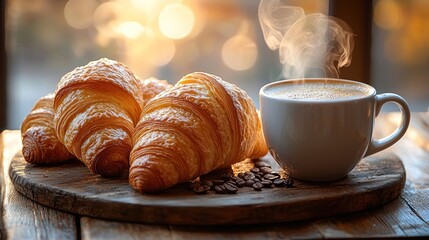 Freshly baked croissants and coffee at sunrise