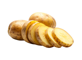 Fresh Whole and Sliced Potatoes Displayed on a Clean Transparent Background.