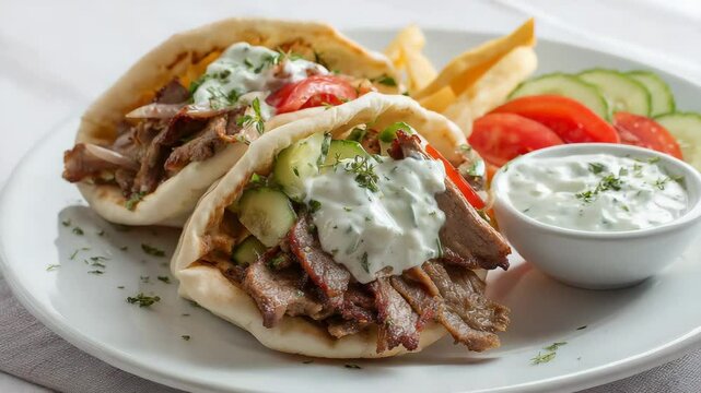 Delicious gyro with tzatziki sauce and fresh vegetables 