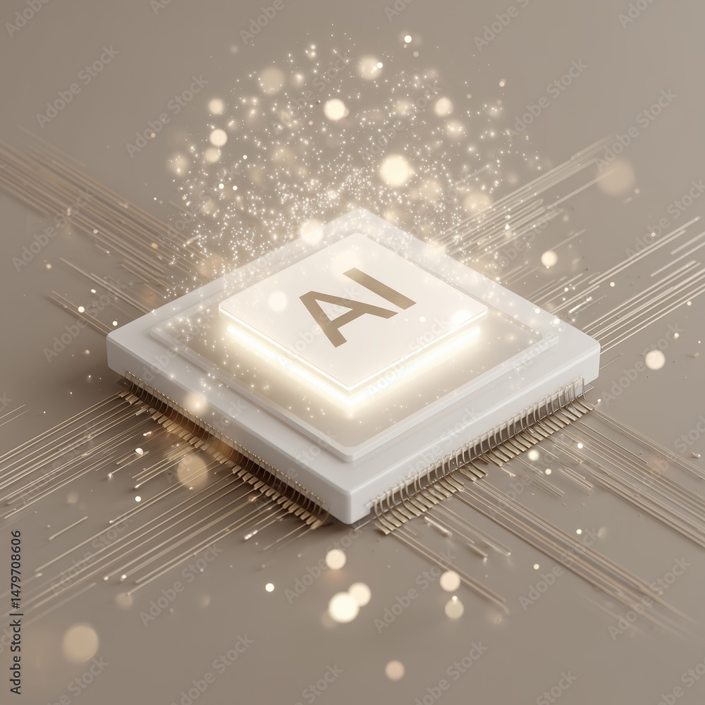 Poster 3d white icon of ai chip surrounded by soft glowing particles on a neutral background, isometric tec