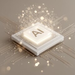 3D white icon of AI chip surrounded by soft glowing particles on a neutral background, isometric tech design, soft shadows