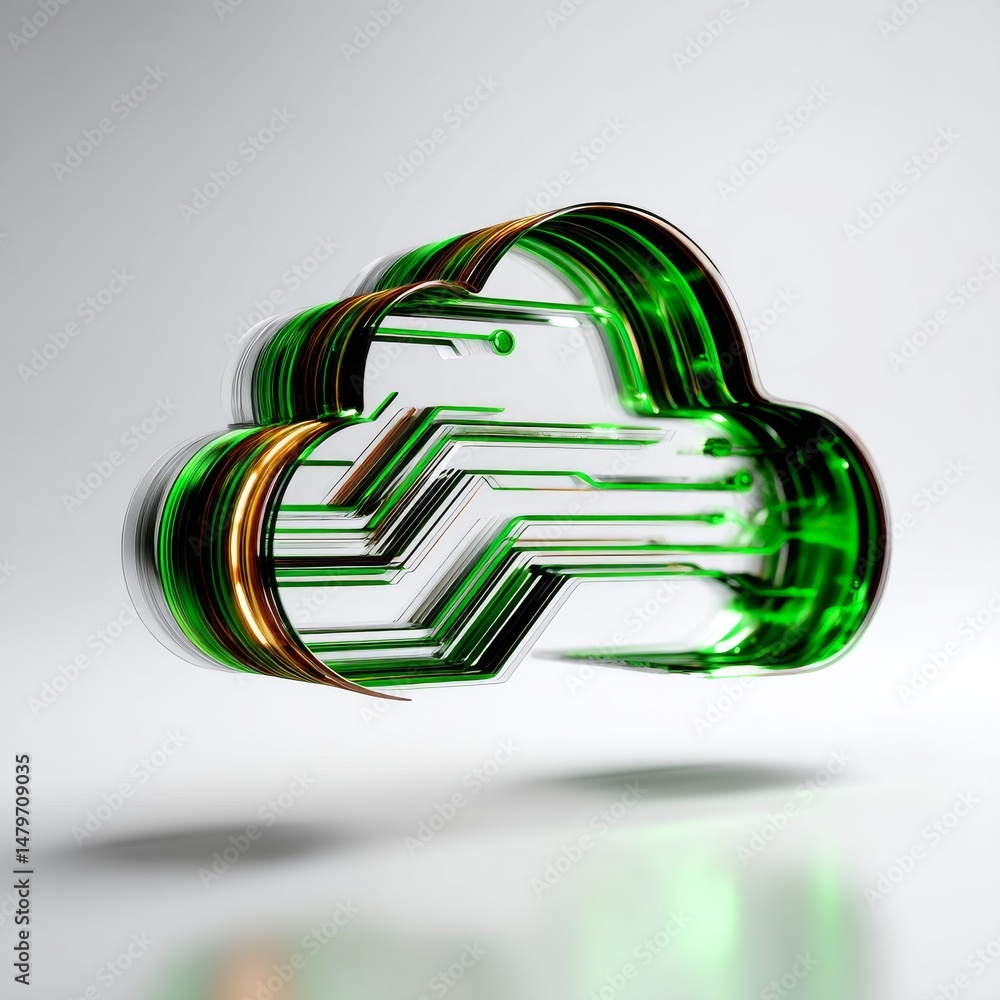Poster cloud computing: a futuristic cloud icon crafted from circuit boards and shimmering green and gold a